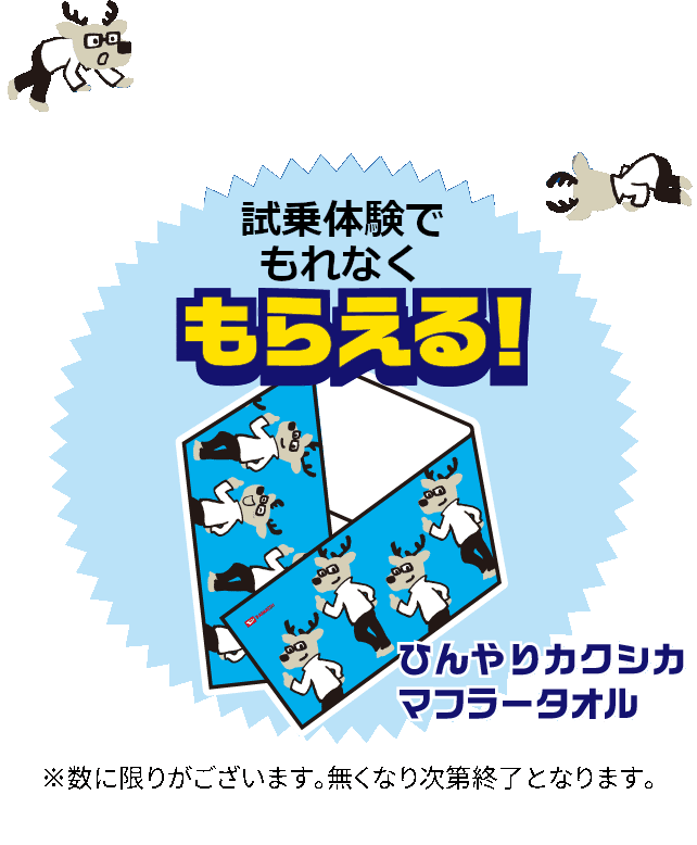「試乗体験でかならずもらえる！ひんやりカクシカマフラータオル」※数に限りがございます。無くなり次第終了となります。